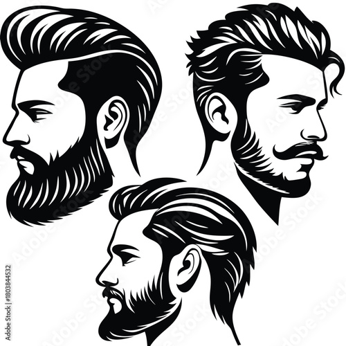 Three monochrome male portraits display stylized haircuts, beards and mustaches in elegant form
