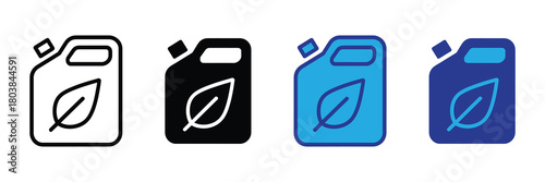 Set of four eco-friendly fuel canister icons with leaf symbol for green energy, sustainability, and renewable resource themes