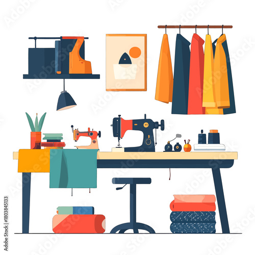 Cozy Tailor Shop Interior with Sewing Machine and Clothing Rack Filled with Colorful Garments and Sewing Accessories on a White Background