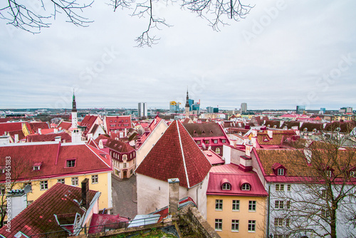 Aerial view on the old town with main central square in Tallin, Estonia