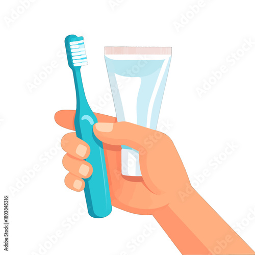 Hand Holding Blue Toothbrush with Toothpaste Tube on White Background