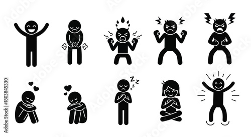 Expressive stick figures depict diverse emotions from joy to anger and love
