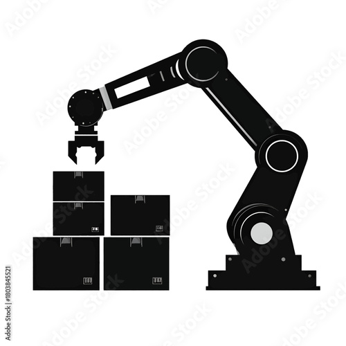 Illustration of a Robotic Arm Lifting Black Boxes on a White Background