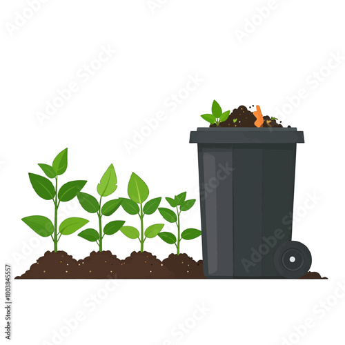 Decomposing Organic Waste in Black Container Beside Seedling Plants Growing on Soil in White Background