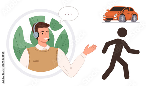 Male support agent with headset speaking, eco-leaves symbol in background, person walking, orange car above. Ideal for communication, sustainability, customer support, transport, service connection