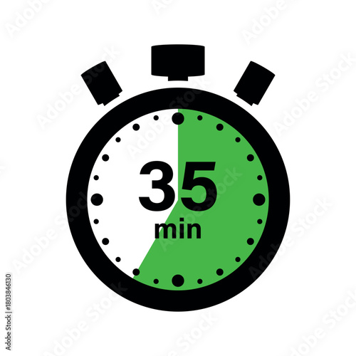 A digital stopwatch showing thirty five minutes with a green and white color scheme on a white background
