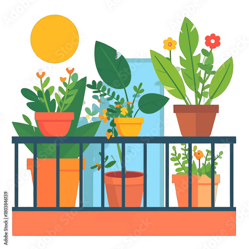 Plants in Flowerpots on Balcony with Yellow Sun and Blue Door Flat Vector Illustration
