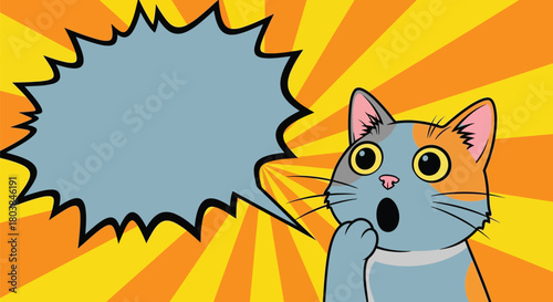 Surprised cat with speech bubble on vibrant yellow background