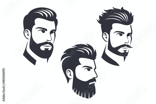 Three stylish bearded Caucasian men display different dark hairstyles in a design