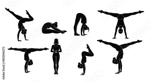 Elegant female silhouettes demonstrate dynamic yoga and fitness poses