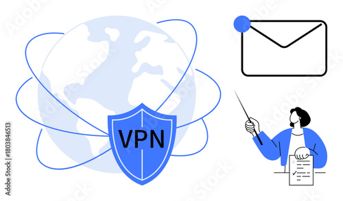 Shield with VPN text over globe with orbital paths, envelope symbolizing emails, person explaining data security. Ideal for cybersecurity, encryption, internet privacy, secure communication, data