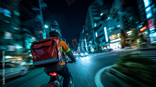 Night bicycle food delivery rider speeding through city streets