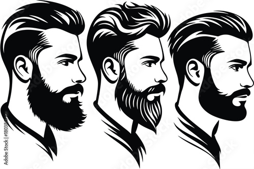 Three stylish bearded men profiles feature diverse haircuts in a monochromatic black and white layout
