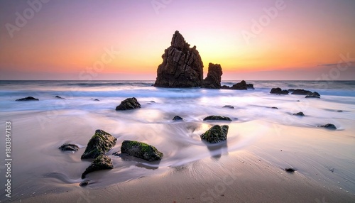 A tranquil beach scene at sunset, featuring smooth, flowing water, dark rocks, and a colorful sky.