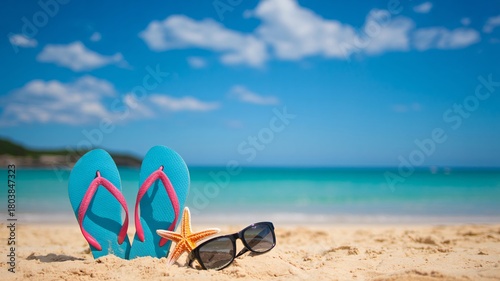 Escape to paradise with vibrant flip-flops, starfish, and sunglasses on a sun-kissed beach, perfect for summer vacations and tropical getaways