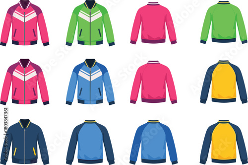 Vector set of colorful varsity bomber jackets showing front and back views in pink green blue and yellow styles for sportswear fashion apparel design.