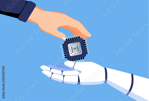 Web banner with AI chip with Human hand and android robot hand, technology, machine learning, neural network, Artificial