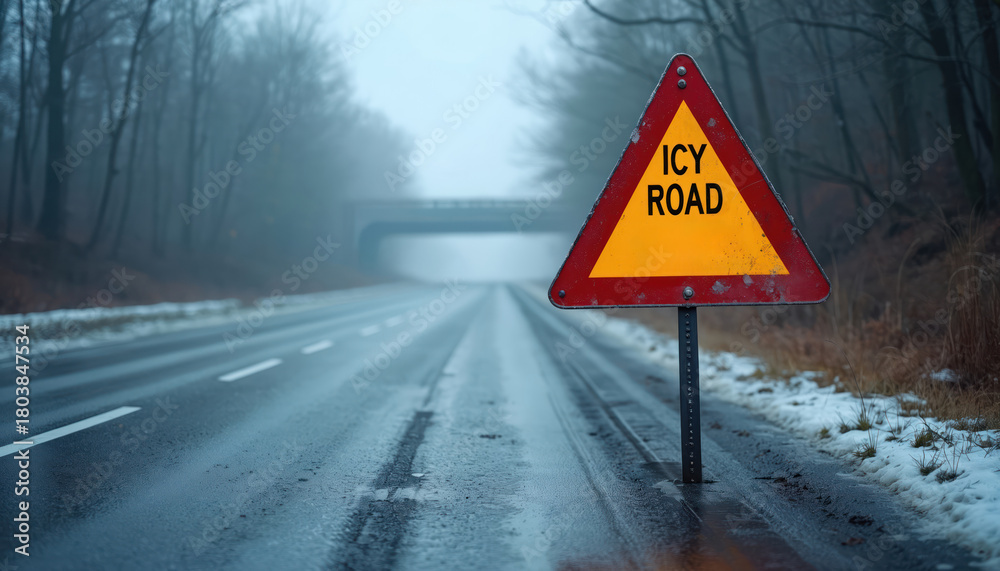 Fototapeta premium Icy Road warning sign stands on a wet asphalt highway. Tire marks are visible on the slippery pavement with ice. Snow patches sit on road shoulder. Bare trees line the foggy winter road. Bridge ahead.