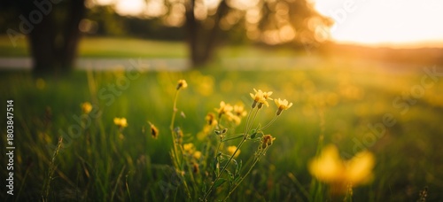 Experience the Serene Beauty of Nature's Golden Hour with Vibrant Yellow Wildflowers Blooming in a Lush Green Meadow, Perfect for Springtime and Summer Designs