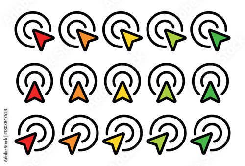 Fifteen colorful cursor icons arranged in three rows on a white background in a flat lay style