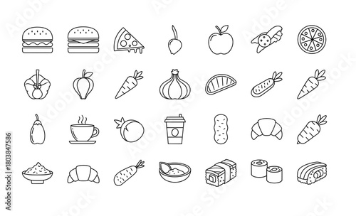 Collection of hand-drawn food illustrations featuring various items like burgers, pizza, fruits, and desserts, perfect for coloring pages and creative projects