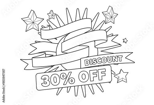 Discount banner illustration featuring stars, ribbons, and a bold 30% off text, designed for coloring pages, showcasing promotional offers and festive elements
