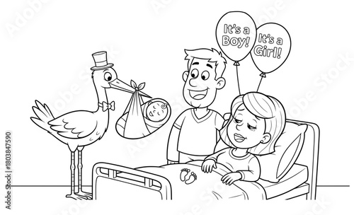 Stork delivering newborn baby to happy parents in hospital room, with balloons announcing gender, creating a joyful and celebratory atmosphere for new beginnings and family moments