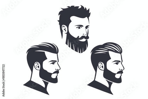 Three stylish black silhouette portraits show different beard and hairstyle choices for modern men