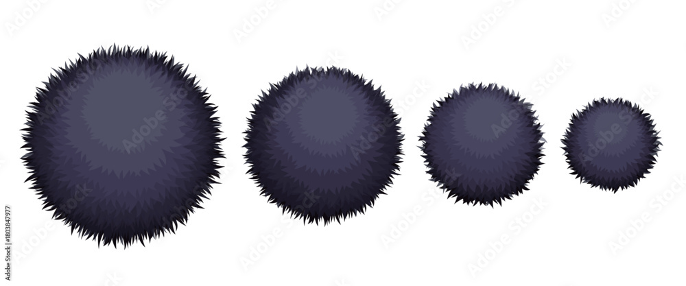 Fototapeta premium Set of four black fluffy pom poms in different sizes