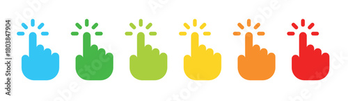 Colorful hand cursor icons in a row representing clicking or selecting on a white background isolated