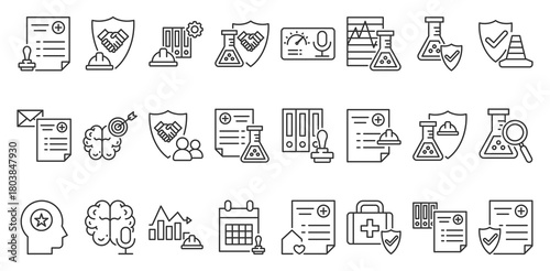 Icon pack Health Safety and Environment creative outline vector style for workplace safety training industrial risk prevention environmental protection visual asset easy use