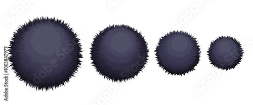 Set of four black fluffy pom poms in different sizes