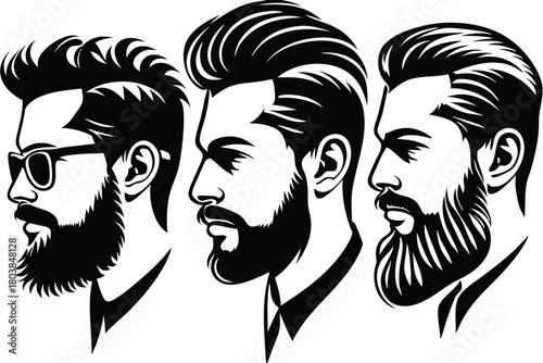 Three stylish men profiles with different hairstyles and beards showcase modern black and white silhouette