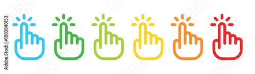 Colorful hand pointer icons in a row showing different colors of the rainbow on a white background
