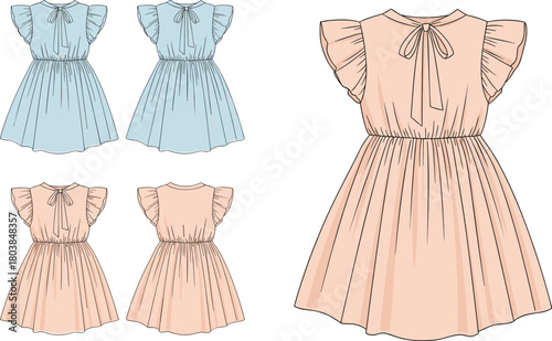 Vector technical flat sketch of girl dress featuring flutter sleeves, elastic waist, back bow tie, front and back views, blue and pink design templates.