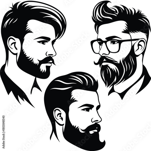 Three stylish men showcasing various haircuts and beards are featured in a striking monochrome image