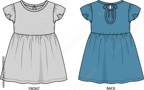 Vector technical flat sketch of girl dress featuring flutter sleeves, round neck, gathered waist, and back keyhole tie closure for fashion apparel design templates.