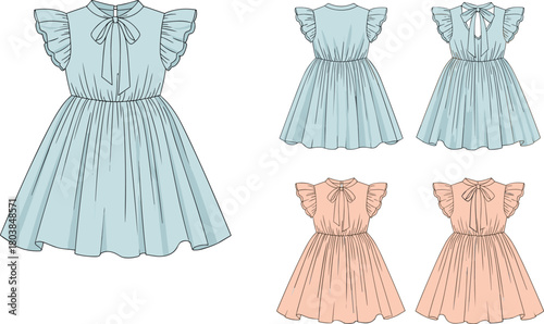 Vector technical flat sketch of girl dress featuring flutter sleeves, bow neck, gathered waist, front and back views, set for fashion apparel design templates.