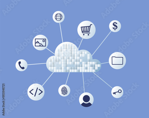 Cloud software concept. Business network. ERP (Enterprise Resources Planning). AWS, cloude computing server. End point