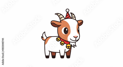 Playful cartoon goat wearing bells standing on a white background, charming farm character.