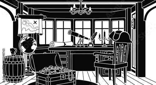 Discover pirate treasure in a classic cabin with a map and gold coins