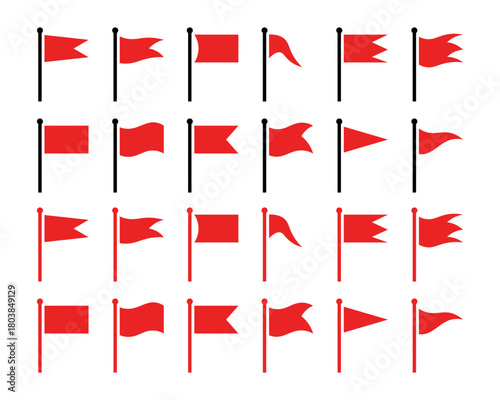 A grid of twenty four red flag illustrations with varying shapes on white background design element