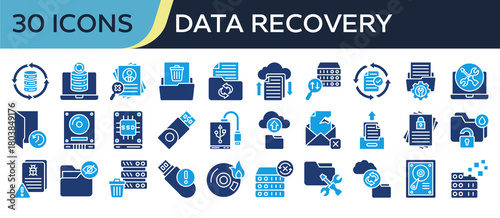 Collection of Data Recovery icons, related to Data Recovery, Folder Restore, Backup File, Hard Drive, Cloud Backup and more. Solid icons vector illustation.
