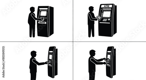 People interact with ATM machines for transactions, withdrawals, and deposits