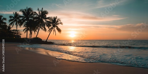 Golden sunset paints the sky over a serene tropical beach with gentle waves lapping the shore and silhouetted palm trees swaying rhythmically