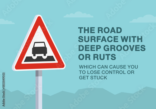 Safe driving tips and traffic regulation rules. Close-up of european "ruts ahead" sign meaning. Road surface with deep grooves or ruts. Flat vector illustration template.