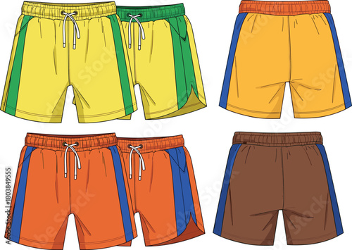 Vector technical flat sketch of men sports shorts featuring elastic waist, drawstring, side panels, front and back views, multiple colors for fashion apparel design templates.