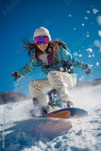 Young woman snowboarding on mountain slope