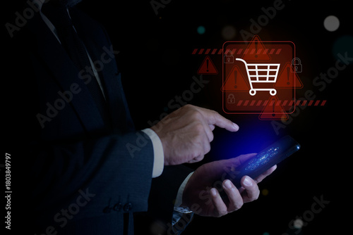 Safety Alert Concepts for Online Shopping, Warning and danger sign, scam and thief in cybersecurity.