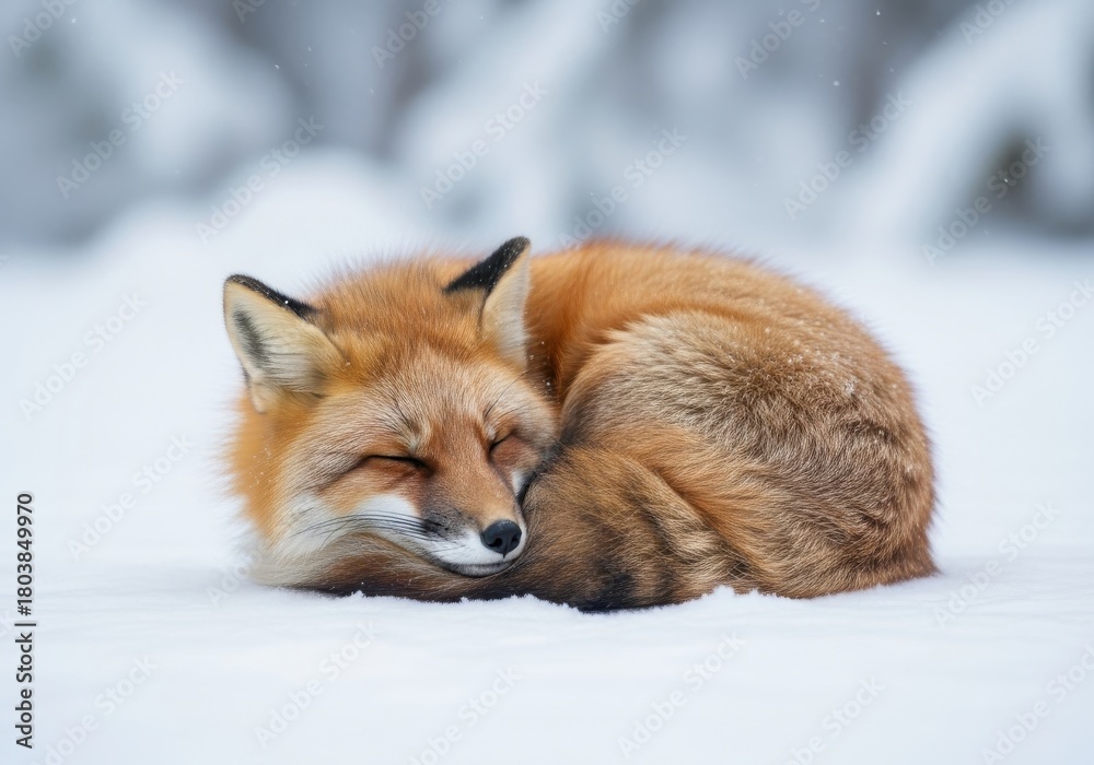 Obraz premium Red fox curled up sleeping in snow 